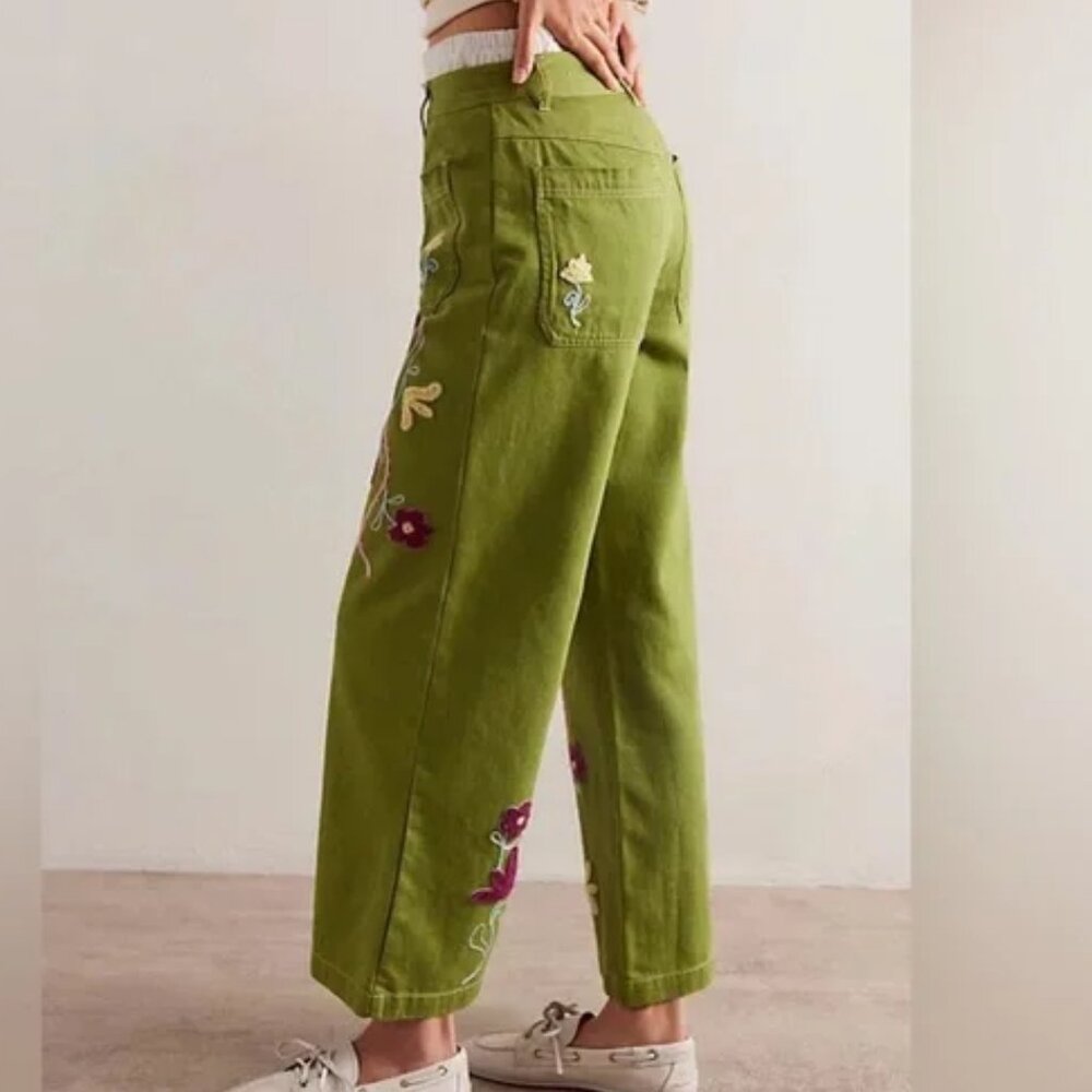 Free People Olive Green Wide-Leg Embroidered Jeans - Picture 3 of 4